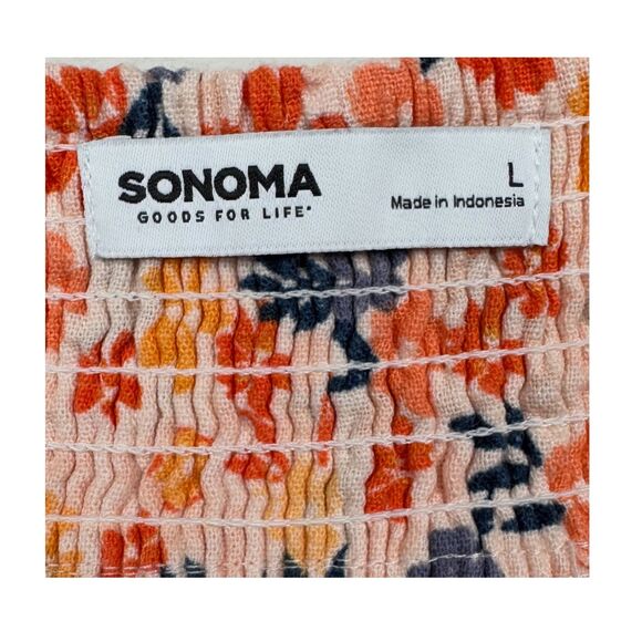 Sonoma Tank Top Women's Tie-Strap Floral Linen Blend Smocked Large Summer Resort - Picture 6 of 8